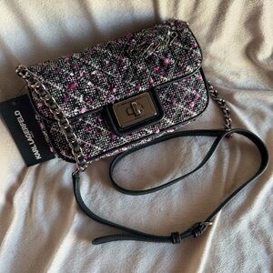Karl Lagerfeld black and pink tweed Convertible Shoulder Bag